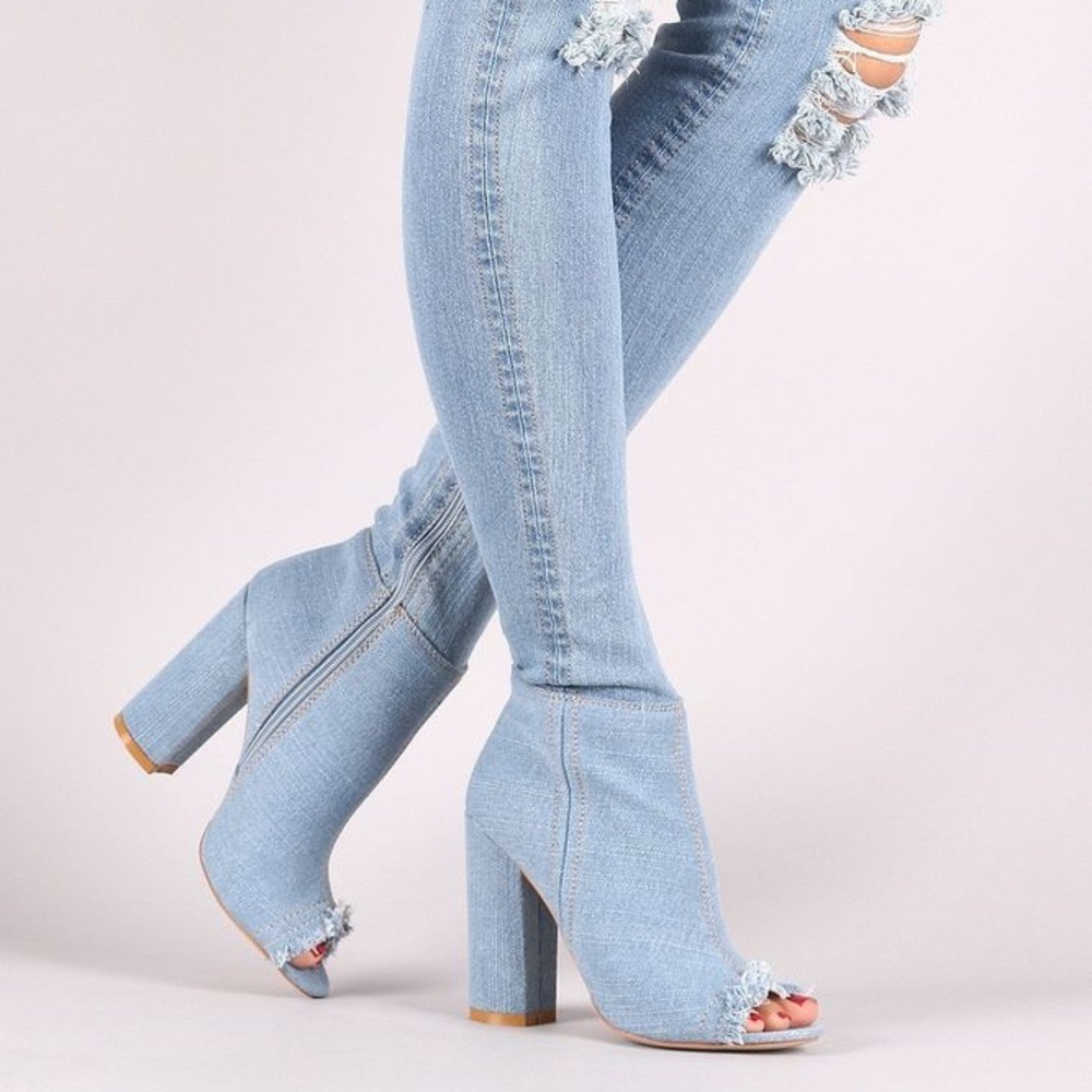 Over the kneee denim heel boots